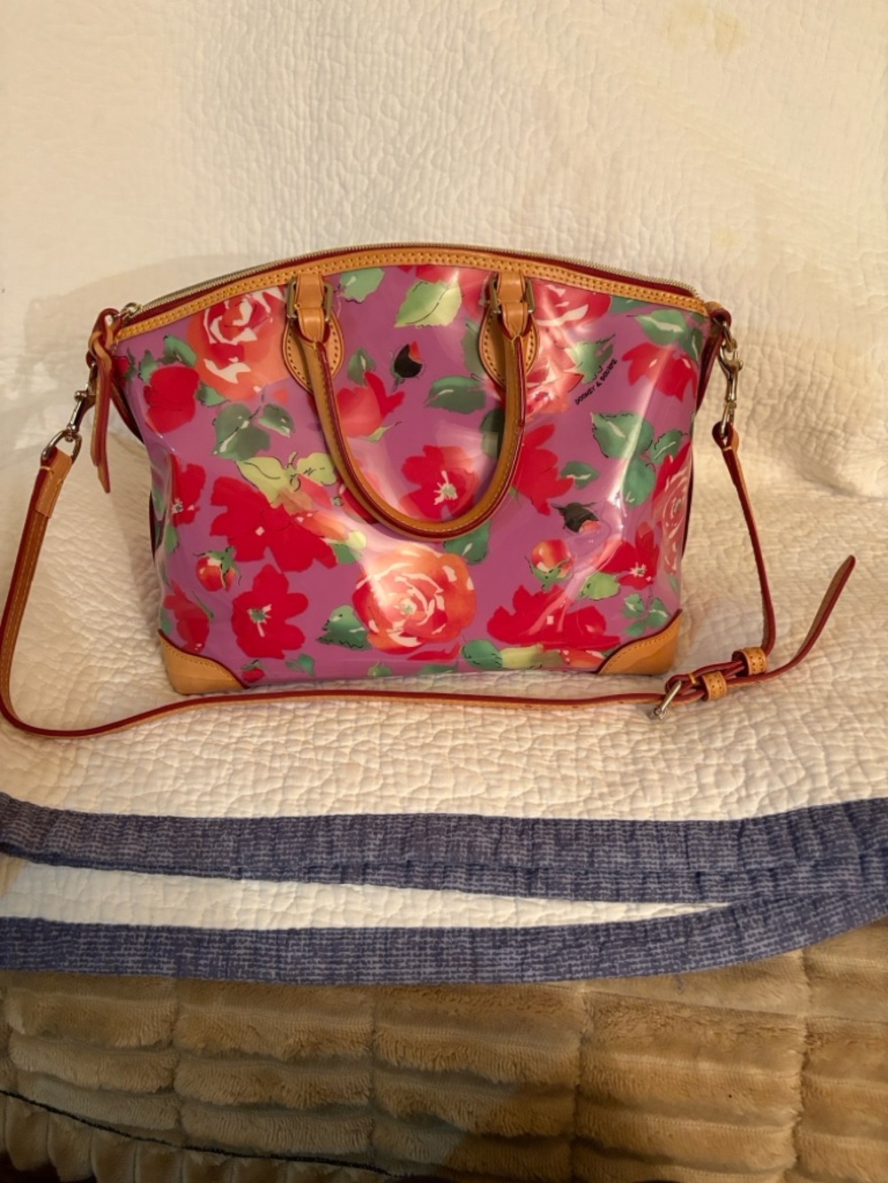 Dooney & Bourke Pink Floral Patent Shoulder Bag with Tan Trim